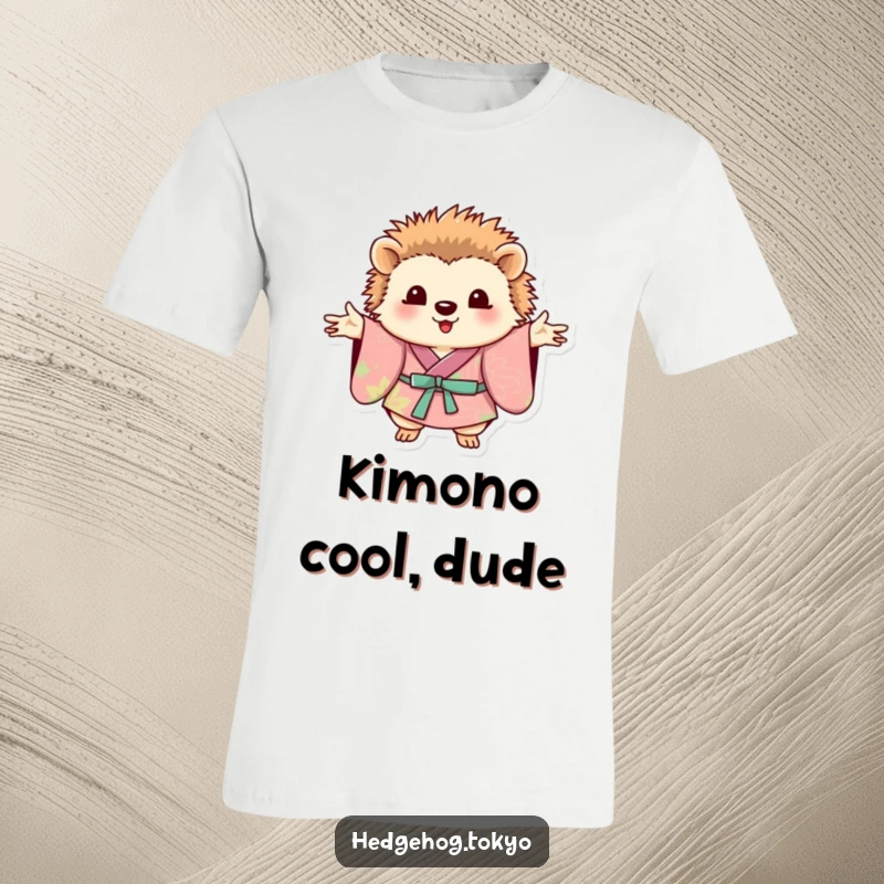 Funny hedgehog in a brightly colored kimono, posing gracefully with paws extended, printed on a comfortable t-shirt.