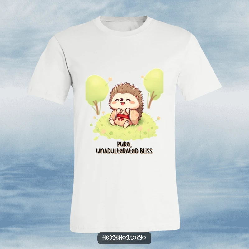 Funny t-shirt showing a joyful hedgehog in a kimono, rolling freely in lush green moss, conveying happiness.