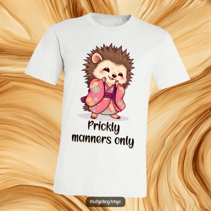 Chic hedgehog t-shirt depicting a hedgehog in a vibrant patterned kimono executing a graceful, sweeping bow, elegant and artistic.