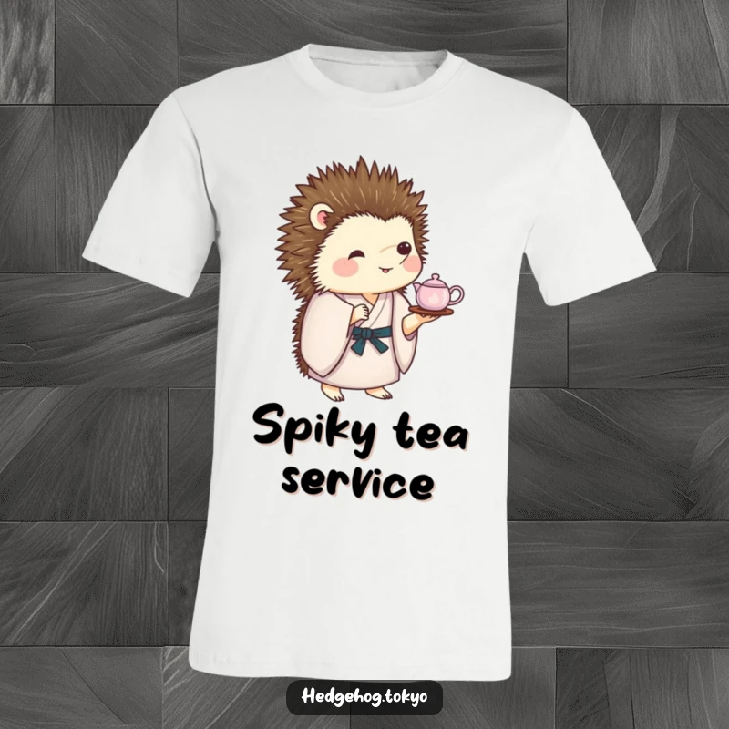 Funny T-Shirt: A hedgehog in a traditional kimono skillfully balances a miniature tea set on its quills, demonstrating delightful dexterity.