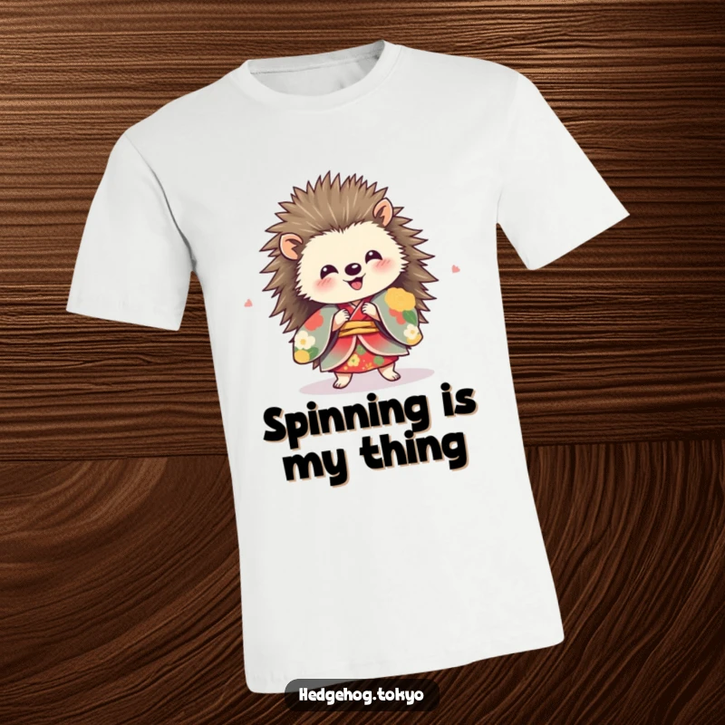 Funny hedgehog in a vibrant kimono, spinning around joyfully, printed on a soft, comfortable t-shirt.