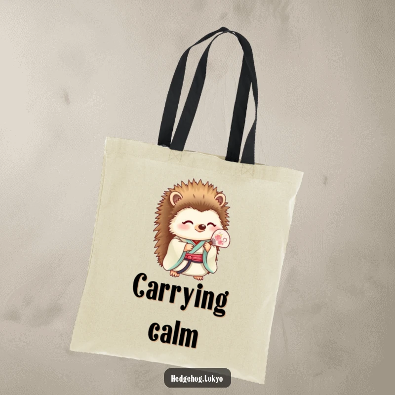 Funny Tote Bag: A graceful hedgehog in a kimono holds a fan, offering a serene yet funny accessory for everyday elegance.