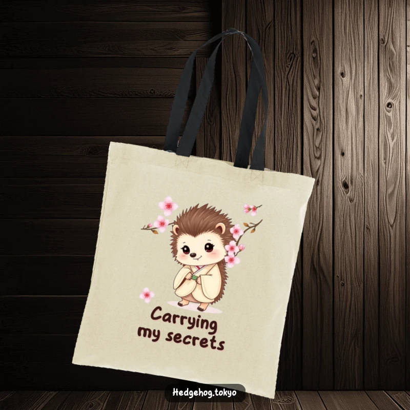 Funny tote bag showcasing a curious hedgehog in a kimono, peeking from behind a cherry blossom tree, perfect for everyday use.