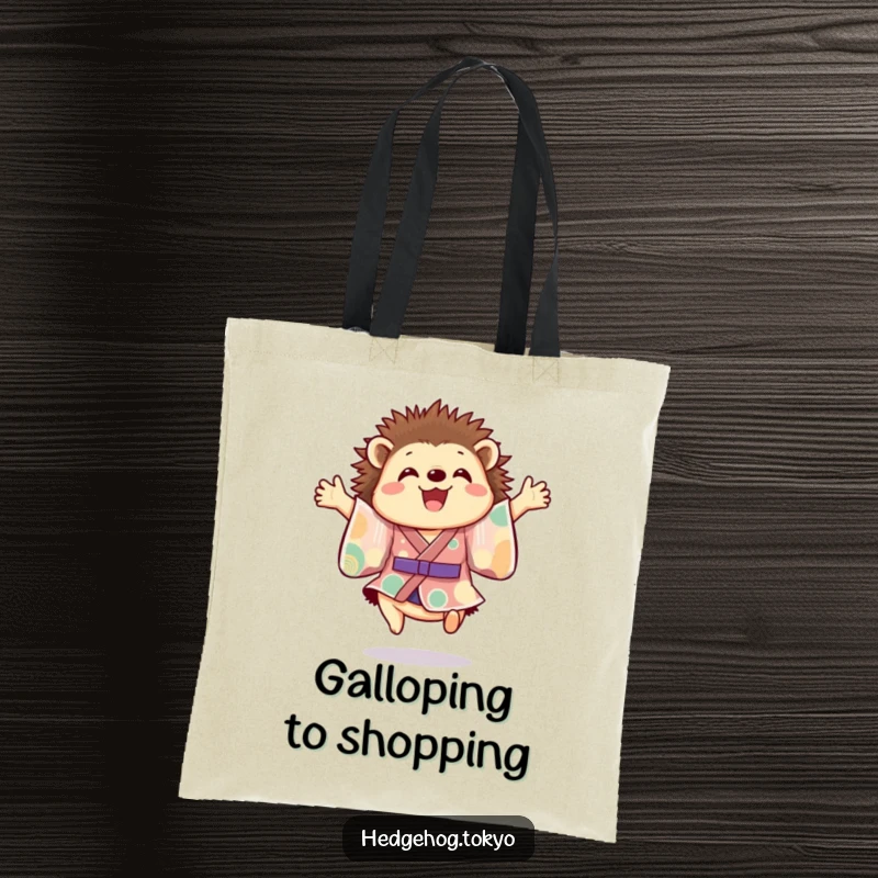 Funny hedgehog tote bag showcasing a cheerful hedgehog in a colorful kimono, leaping mid-air with paws outstretched, perfect for carrying joy.