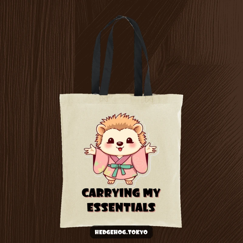 Funny hedgehog in a beautiful, patterned kimono posing with its paws outstretched on a durable tote bag.