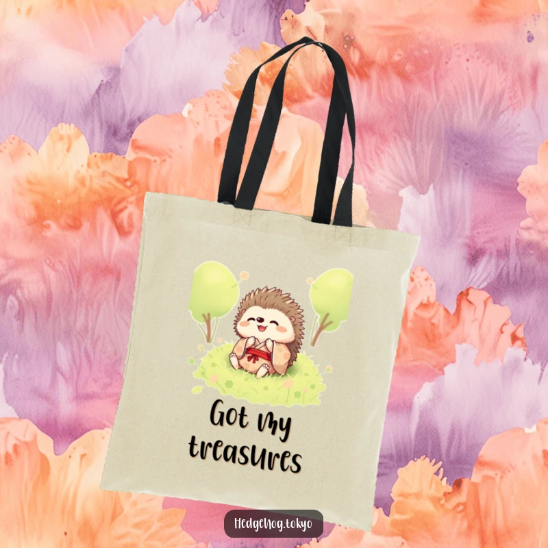 Funny tote bag showcasing a hedgehog in a kimono, rolling with abandon in soft moss, ideal for carrying your essentials.