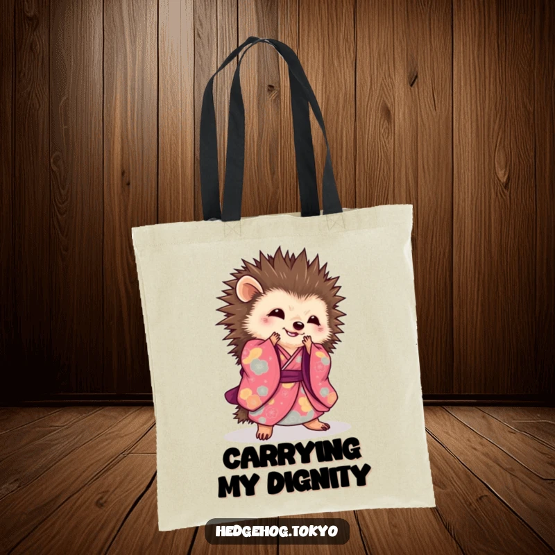 Stylish hedgehog tote bag featuring a creature in a vibrant kimono performing a graceful sweeping bow, a practical and elegant accessory.