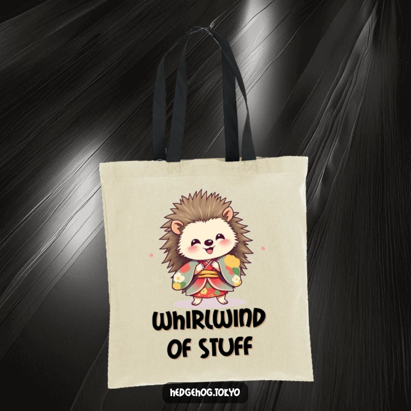 Funny hedgehog in a vibrant kimono, spinning with delight on a durable and stylish tote bag.